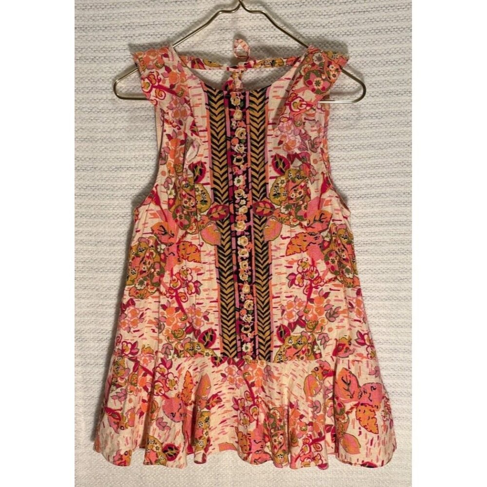 Free People sleeveless Floral orange pink green boho beachy top, XS